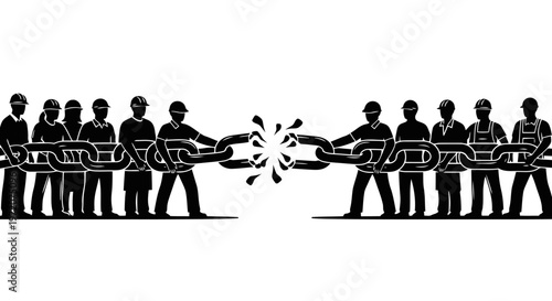 A chain being pulled apart by two groups of people in a symbolic representation of conflict.