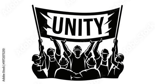 A group of people holding a banner that reads unity in a symbol of solidarity and cooperation.