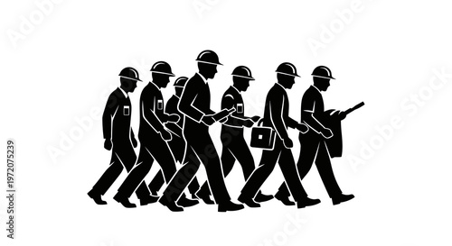 Group of businessmen walking in a line, dressed in formal attire and carrying briefcases.