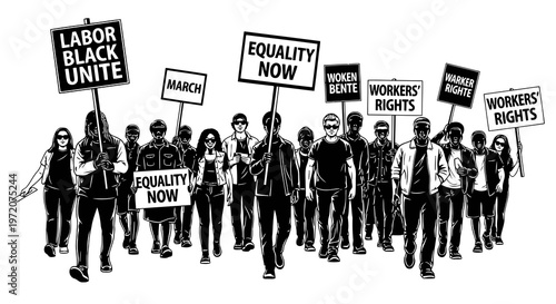 A group of protesters marching together with signs advocating for social justice and equality.