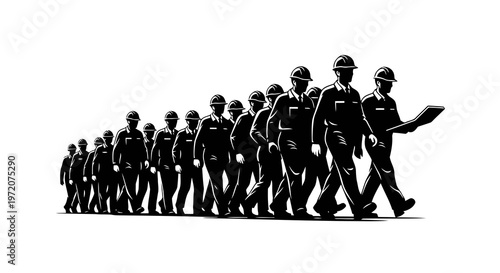 A group of firefighters marching in a line, carrying equipment and wearing helmets.