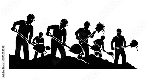 Group of workers laboring with shovels on a rugged terrain.