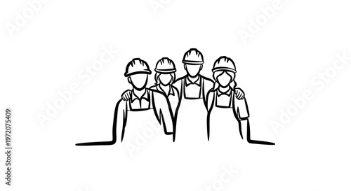 Simple line drawing of three workers wearing hard hats and face masks standing together.