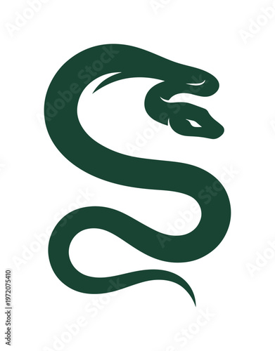 力強くうねる蛇のエンブレム、深緑色のミニマルな爬虫類ロゴデザイン、神秘的で威厳ある動物のシンボル、ブランドやアイコンに最適なベクターイラスト