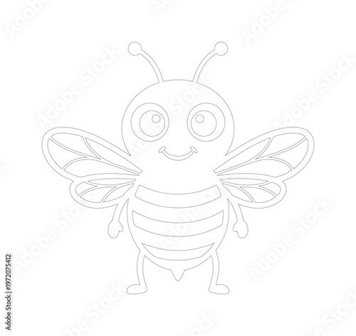かわいいミツバチの線画イラスト、子供向けデザインや塗り絵に最適な笑顔のハチのベクター素材、シンプルな昆虫のキャラクター