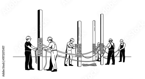Workers installing large pipes in a construction site setting.