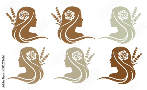 エレガントな女性の横顔とラベンダー、バラのシルエットベクターセット。美容、アロマ、スパ、ウェルネス、自然派化粧品ブランドのロゴやアイコンに最適なブラウン系カラーのグラフィック素材。