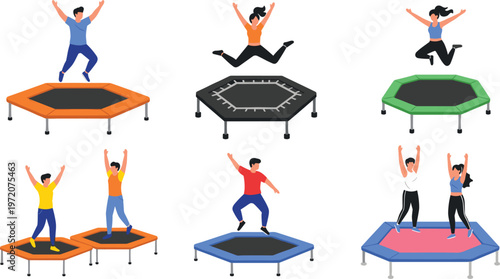 Trampoline Jumping Activity Illustration Set with People Exercising Fitness Workout Indoor Recreation and Fun Bouncing Scenes Collection