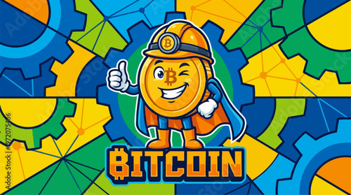 Bitcoin cartoon character smiling.