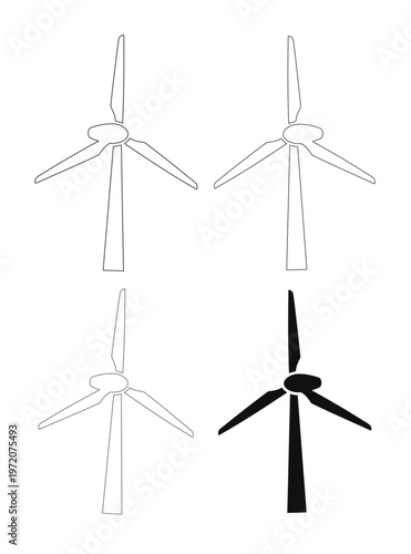 風力タービンと風車発電のベクターアイコンセット、クリーンエネルギーと再生可能エネルギーのシンボル、環境に優しい持続可能な電力供給のイラスト素材