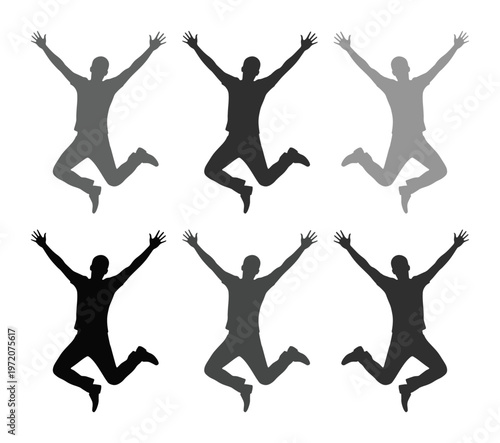 喜びと成功を表現する、躍動感あふれるジャンプする人々のシルエットベクターセット。ビジネス、ライフスタイル、感情を伝えるデザイン素材。