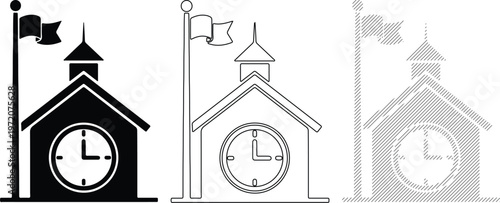 Schoolhouse Clock Tower with Flag Icon SetSimple Vector Illustrations