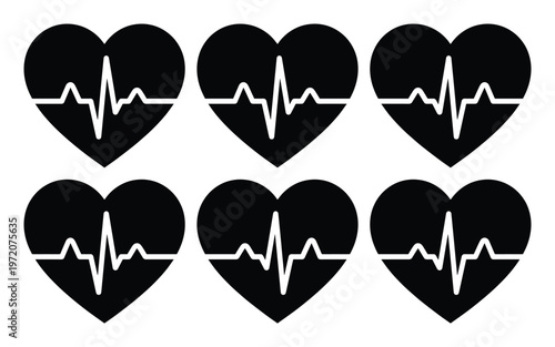 心電図の波形が描かれた黒いハートマークのベクターイラストセット、健康と医療を象徴するシンプルなアイコン、6つの心拍モニタリングデザイン、医療系ウェブサイトやアプリのUI/UX素材に最適
