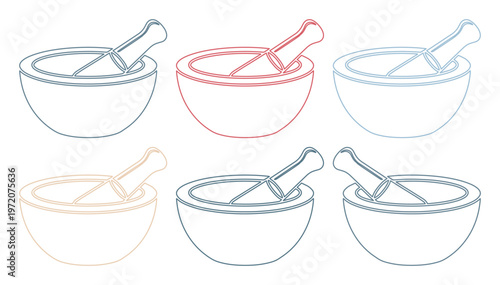 薬研と乳棒のミニマルな線画アイコンセット、伝統的な薬作りや料理の準備、ハーブの粉砕に最適なシンプルでモダンなベクターイラスト素材