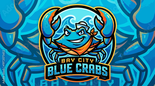 Blue Crab Cartoon Character Logo.