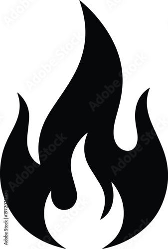 燃え上がる炎のシンプルな黒いシルエット、熱とエネルギーを象徴するベクトルアイコン、危険や情熱を表現するグラフィック素材、緊急事態や警告サインに最適