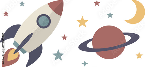 Rocket Ship Blasting Off Space.