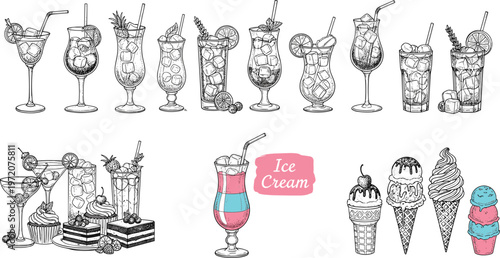 Hand Drawn Cocktail and Ice Cream Illustration Set with Tropical Drinks, Milkshake, Sundae, Dessert Glasses and Sweet Treats Vector Collection