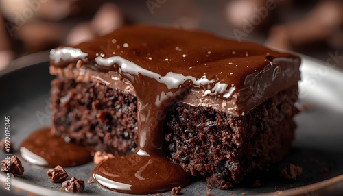 A rich and decadent chocolate cake slice with gooey chocolate sauce on a gray plate