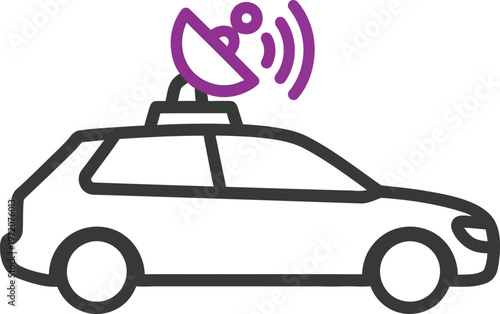 Self driving car with antenna on roof and communication signal waves autonomous vehicle concept technology symbol.