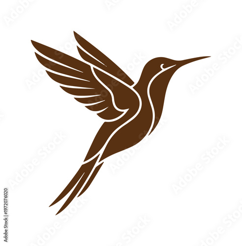 優雅に羽ばたくハチドリのベクターイラスト、ブラウンカラーのシルエットで表現された美しい鳥のロゴデザイン、自然や生命を象徴するアイコン素材
