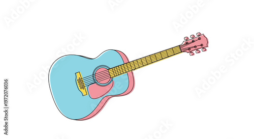 Colorful acoustic guitar with pink neck.