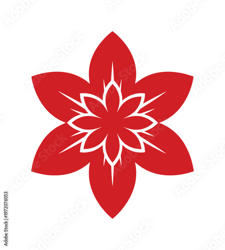 鮮やかな赤色の花びらが特徴的な、六角形の幾何学的な花のデザイン。シンプルでモダンな植物のベクターイラスト素材は、ロゴ、アイコン、装飾的なエレメントに最適です。
