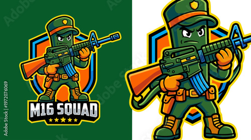 Cartoon soldier with rifle logo.