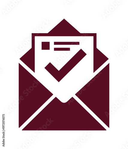 承認と確認を示す、封筒から飛び出すチェックマーク付きの書類アイコン。ビジネスコミュニケーションやメール送信の成功を象徴するシンプルなベクターイラスト。