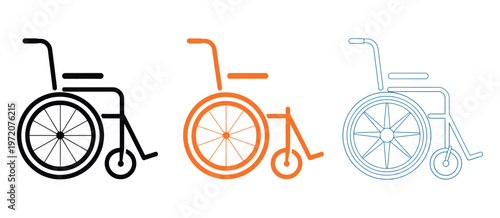 Simple line art wheelchair icon set, representing accessibility, healthcare, and mobility support, clean minimal vector graphics for medical, public facility