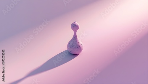 A small pink sculpture casts a long shadow on a light purple background with a beam of light