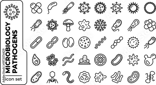 Microbiology Pathogens Bold Line Icons-Bacterium Virus Fungi Protozoa Prion E-Coli Staphylococcus Spirochete Biofilm-25 Microbiology Icon Set Vector - Pathogen Icons