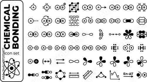 Chemical Bonding Bold Line Icons-Covalent Ionic Metallic Hydrogen Bond Van Der Waals Polar Sigma Pi Lewis Dot-20 Chemical Bonding Icon Set Vector - Bond Chemistry Icons