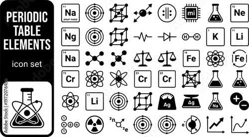 Periodic Table Elements Bold Line Icons-Alkali Metal Noble Gas Transition Metal Halogen Metalloid Atomic Weight Electron Config-25 Chemistry Icon Set Vector - Periodic Table Icons