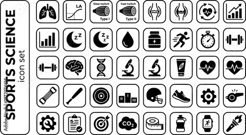 Sports Science Bold Line Icons-VO2 Max Lactate Threshold Muscle Fiber Biomechanics Recovery Periodization Performance Analytics-20 Sports Science Icon Set Vector - Athletic Science Icons