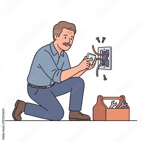 A man kneels down to fix a broken electrical panel with a screwdriver.