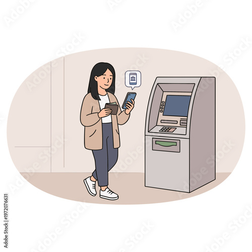 Woman uses smartphone near an ATM machine indoors with concern