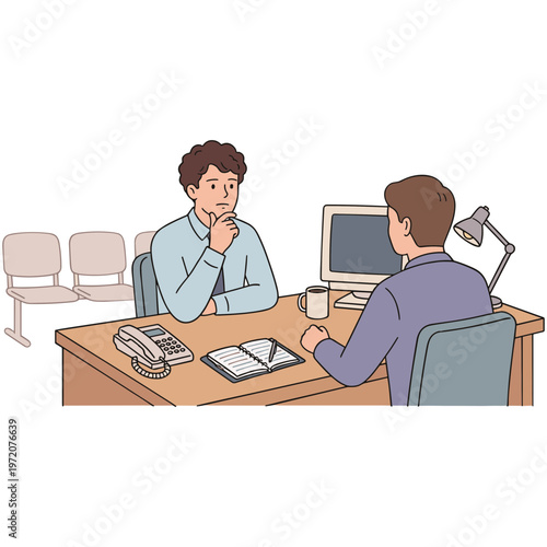 Two businessmen having a meeting in an office with a computer and papers