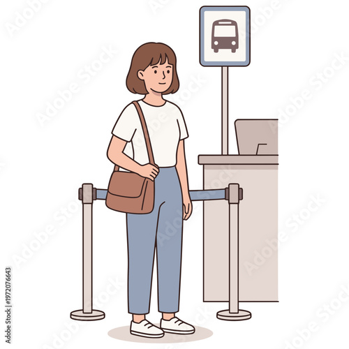A woman stands at a travel check-in counter with a bus sign.