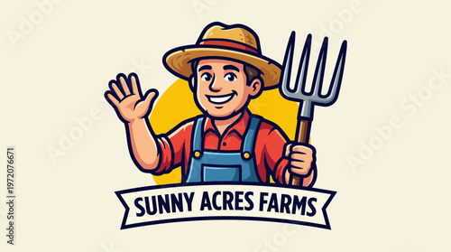 Farmer Holding Pitchfork Waving.