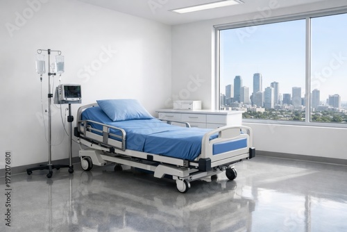 Bright modern hospital room with bed and wide city view.