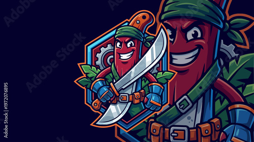 Cartoon chili pepper warrior character.