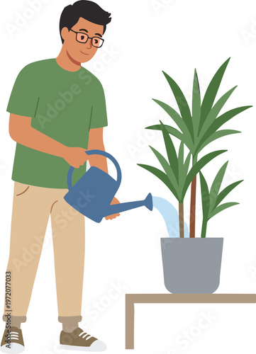 A man waters a potted plant on a table indoors with a blue watering can.