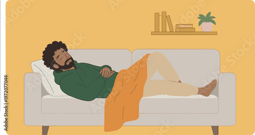 A man is sleeping peacefully on a couch in a cozy living room with a bookcase.