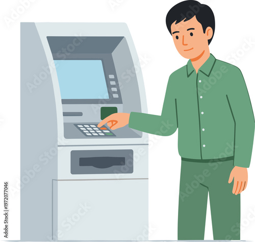 Man uses card at outdoor bank ATM machine terminal.