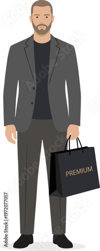 Man in gray suit holds premium shopping bag standing alone