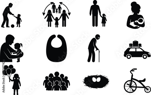 Family life cycle and parenting icons set with children, parents, elderly, baby care, adoption, travel, and social relationships silhouette illustration collection