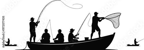 Fishing silhouettes on boat with fishermen casting nets and rods, outdoor activity, river lifestyle, teamwork, and recreational angling concept illustration