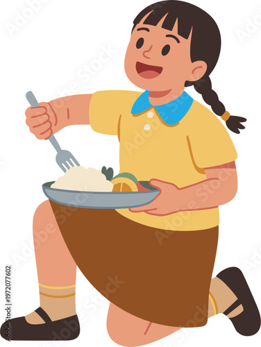 Happy school girl character kneeling with food plate and fork, healthy lunch vector illustration set