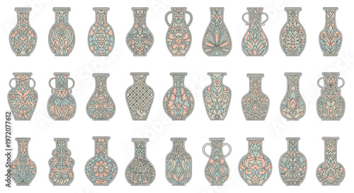 Collection of antique ceramic vases displayed.